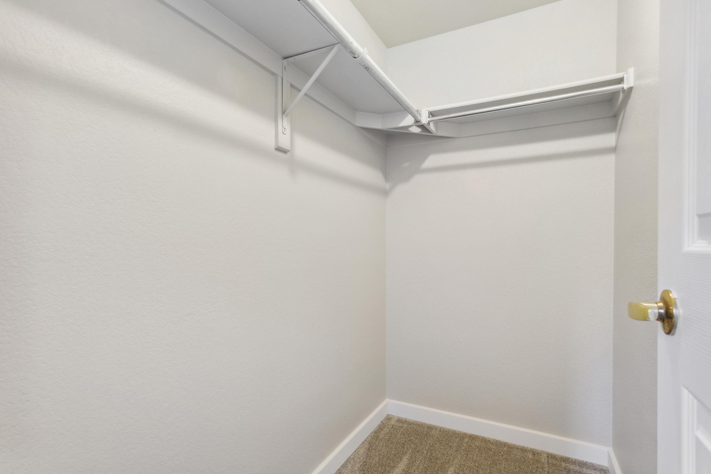 Empty closet interior featuring white walls, a single hanging rod mounted on the left, and no shelves. The floor is covered with beige carpet, and there is a closed door on the right.