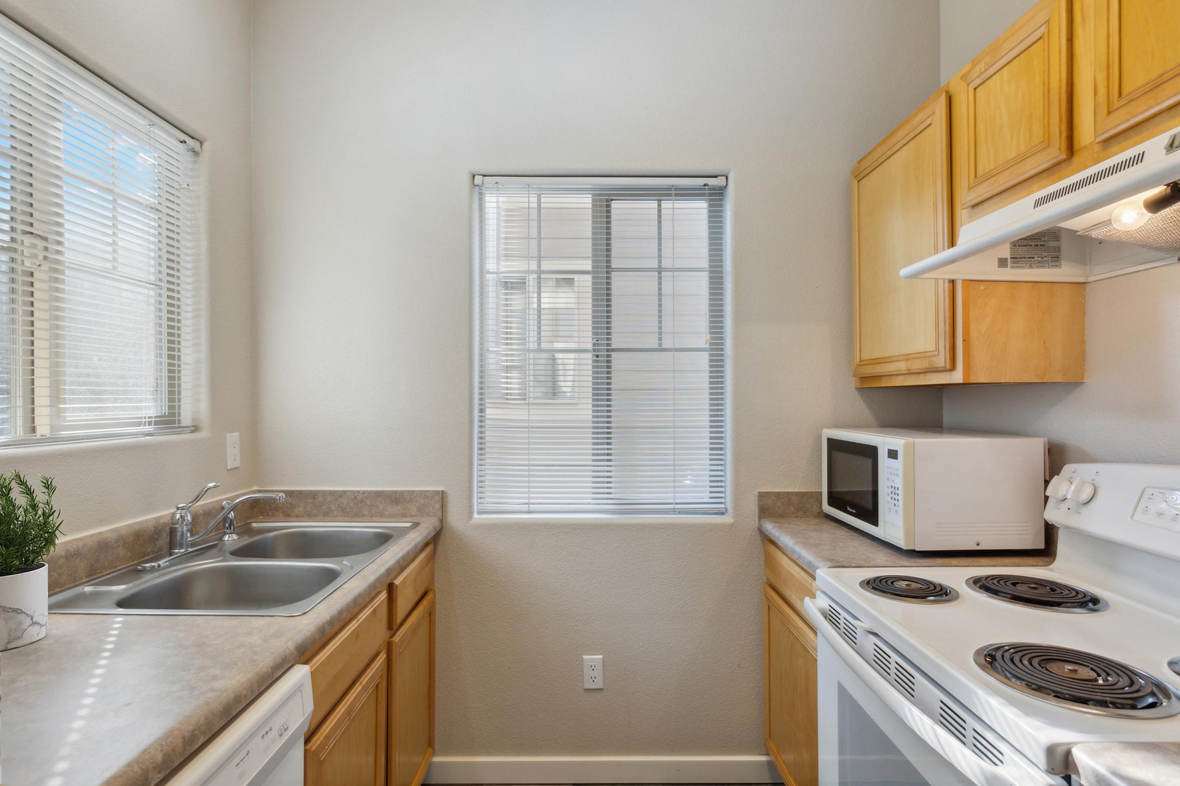 Bright kitchen featuring light-colored cabinetry, a double sink, an electric stove, and a microwave. A window with blinds allows natural light to enter, and a small potted plant adds a touch of greenery to the countertop. The overall decor is modern and clean, making the space feel inviting.