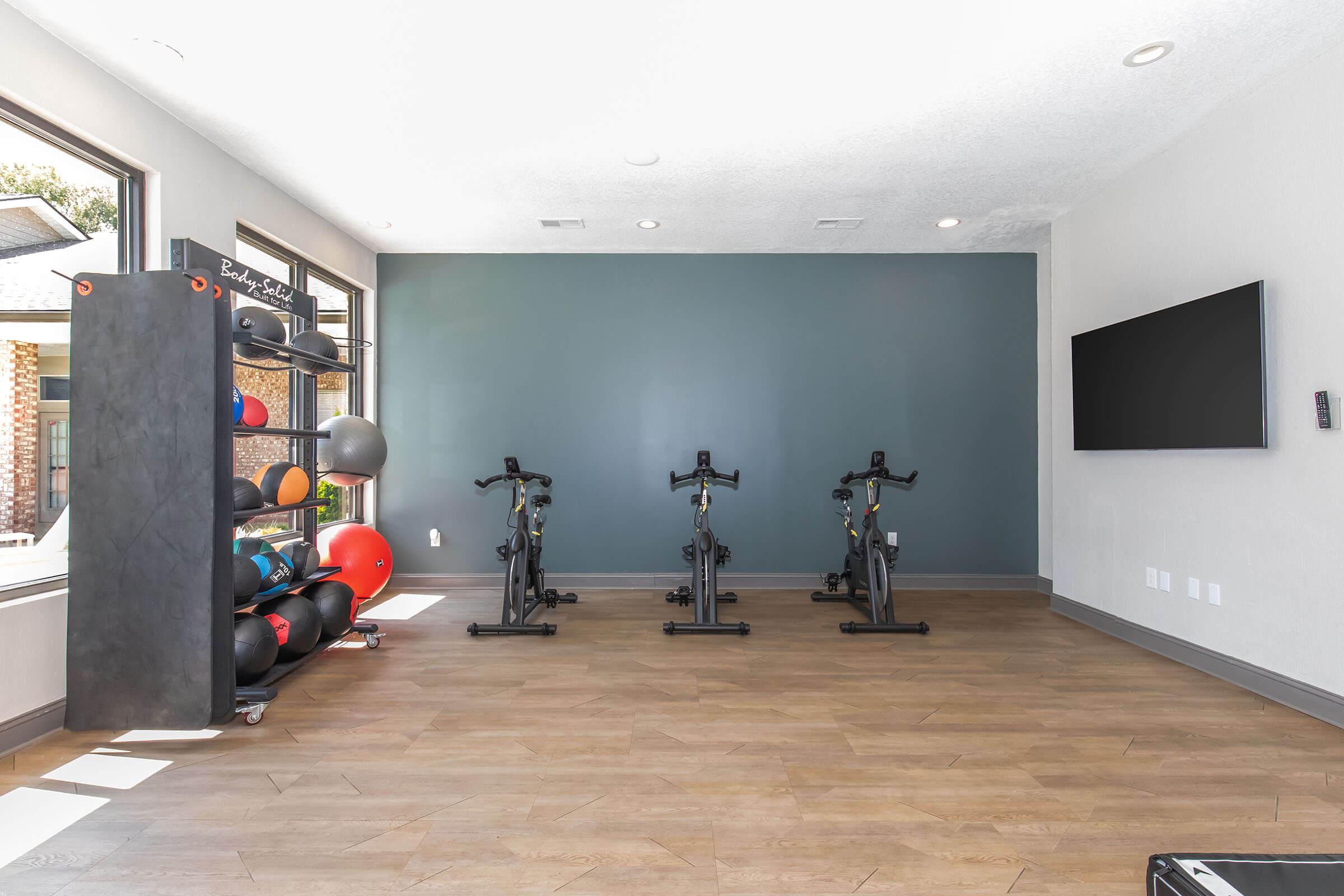 A modern fitness room featuring three stationary bikes, a wall-mounted television, and a rack of exercise equipment including exercise balls and weights. Large windows allow natural light, and the walls are painted in neutral tones with a dark accent wall.