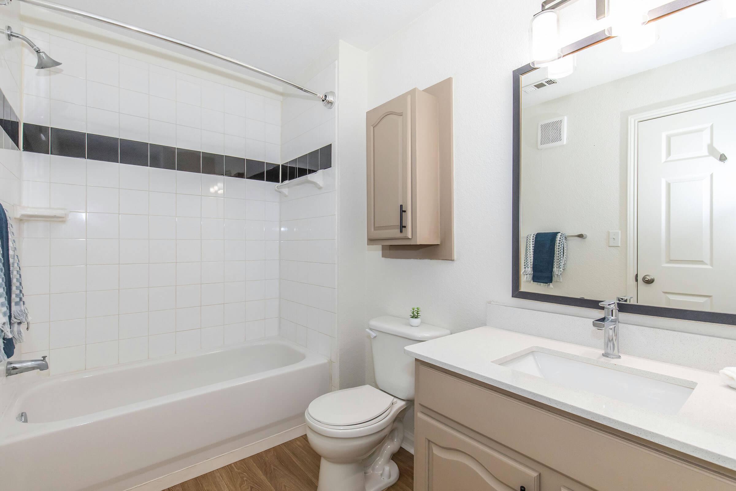 A clean and modern bathroom featuring a white tiled shower with a black accent strip, a white bathtub, a toilet, and a vanity with a single sink. The walls are painted in a light color, and there is a mirror above the vanity with a light fixture. A towel hangs on the side, and there's a small decorative item on the counter.