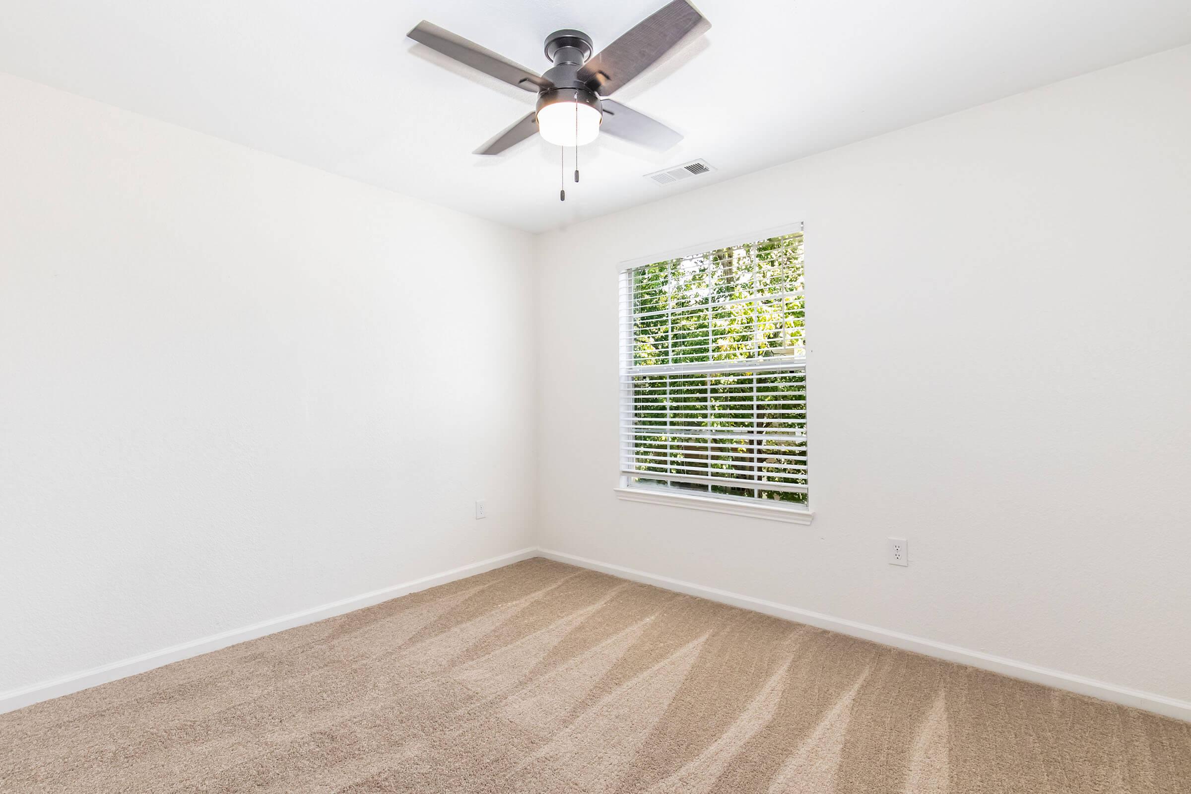 A clean, empty bedroom featuring light beige carpeting, a ceiling fan with a light fixture, and a window with blinds that lets in natural light. The walls are painted white, contributing to a bright and airy atmosphere.
