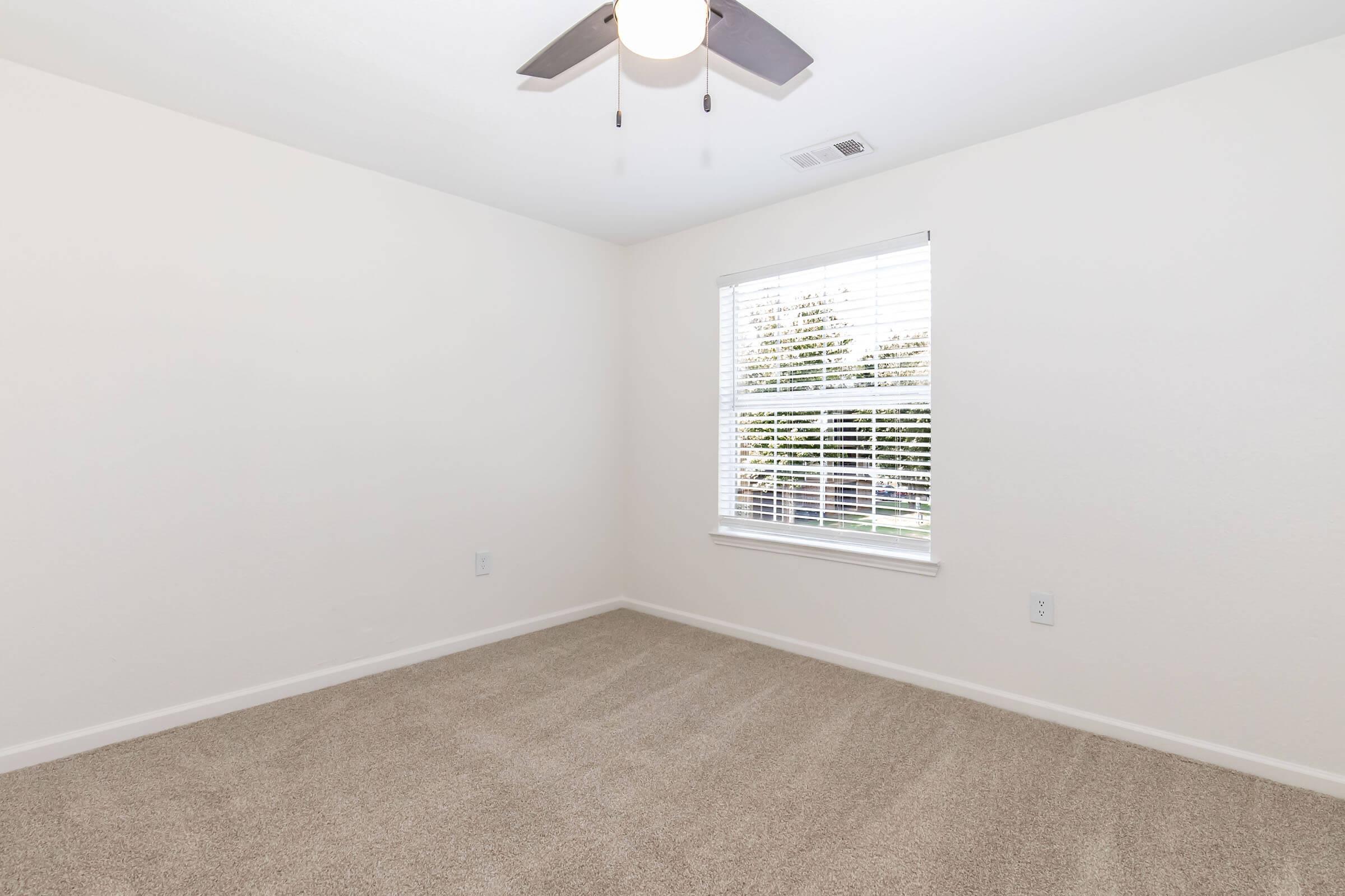 Empty room with light-colored walls and a ceiling fan. The floor is covered with light beige carpet. A window with white blinds lets in natural light, offering a view of greenery outside.