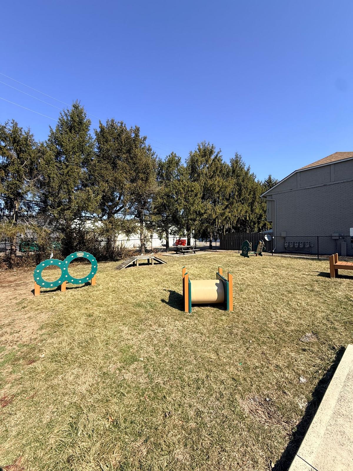 A sunny playground area featuring various equipment, including large circular structures and a wooden cylinder, set against a backdrop of trees and a grey building. The grass is green, and the sky is clear.