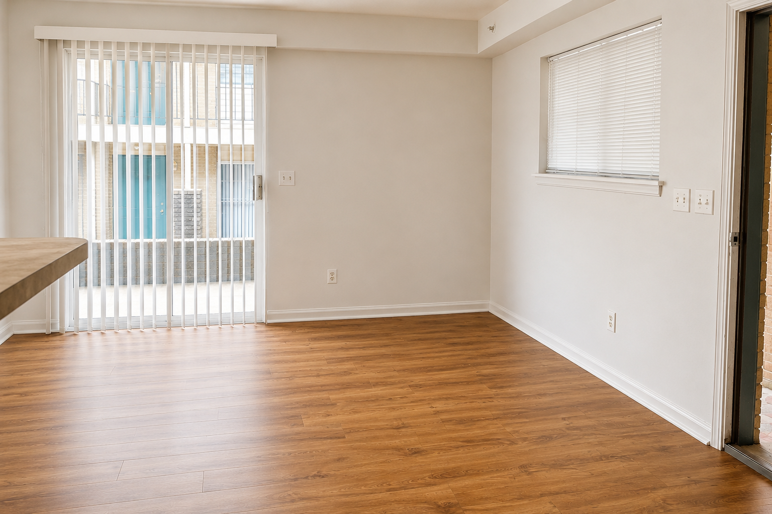 A spacious, empty room with light-colored walls and wooden flooring. A large window with white vertical blinds provides natural light. There is a door on the right leading to another area, and the room appears to be well-maintained and ready for furnishing.