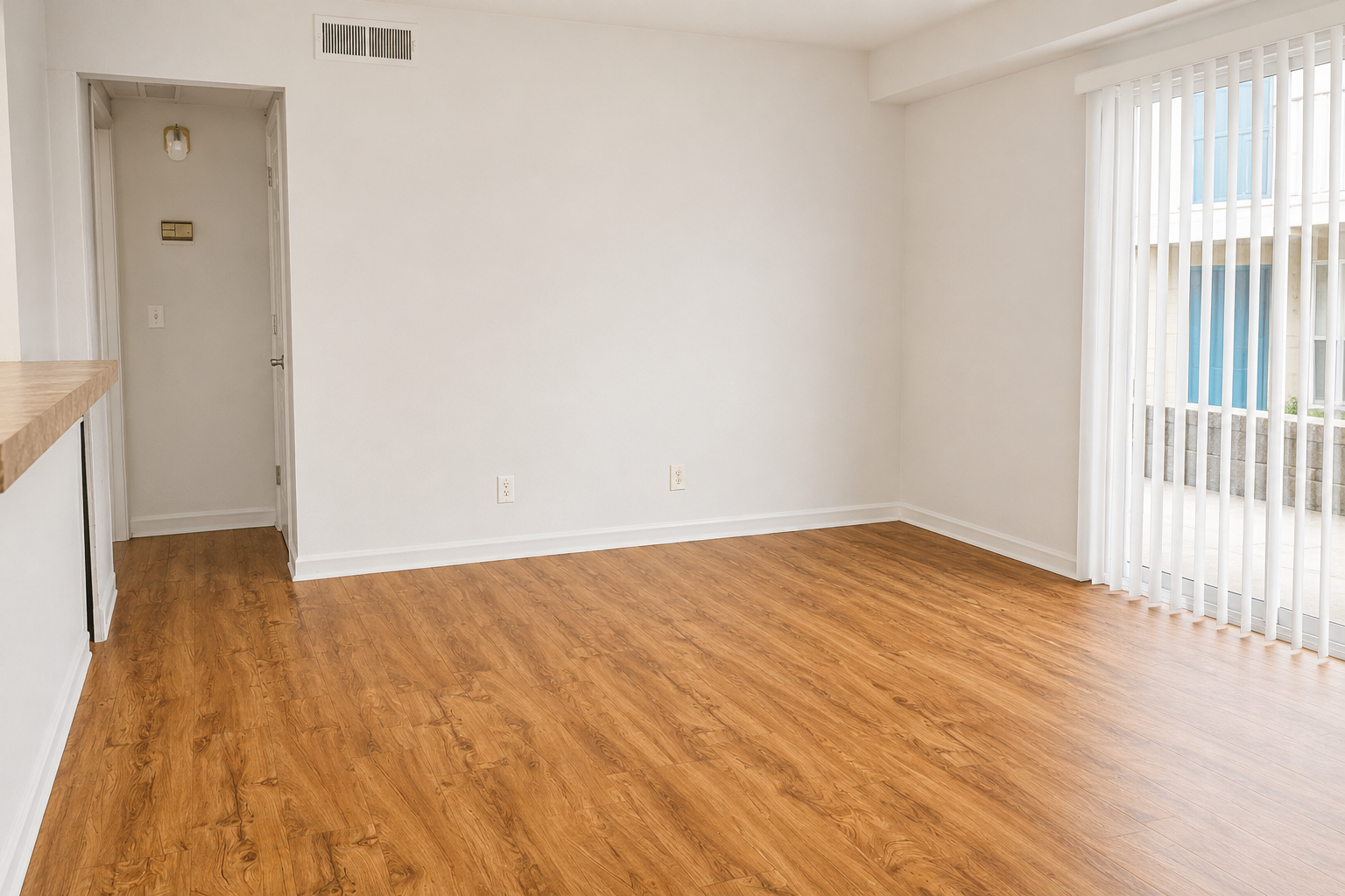 A spacious, empty room with light-colored walls and a wooden floor. A doorway leads to another room, and large vertical blinds cover a window that lets in natural light. The overall ambiance is bright and clean, suitable for various interior design styles.