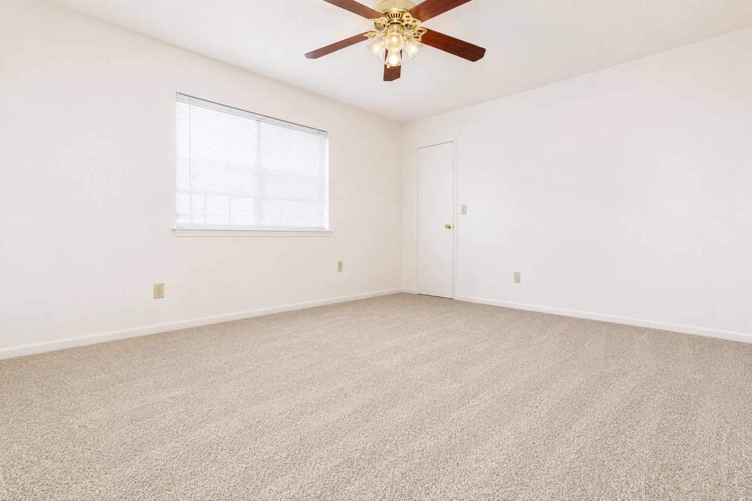 Empty room with light beige carpet and white walls. A ceiling fan with five light fixtures hangs from the ceiling. There is a window with blinds allowing natural light, and a door on the right side. The overall ambiance is bright and spacious, ideal for personalizing or furnishing.