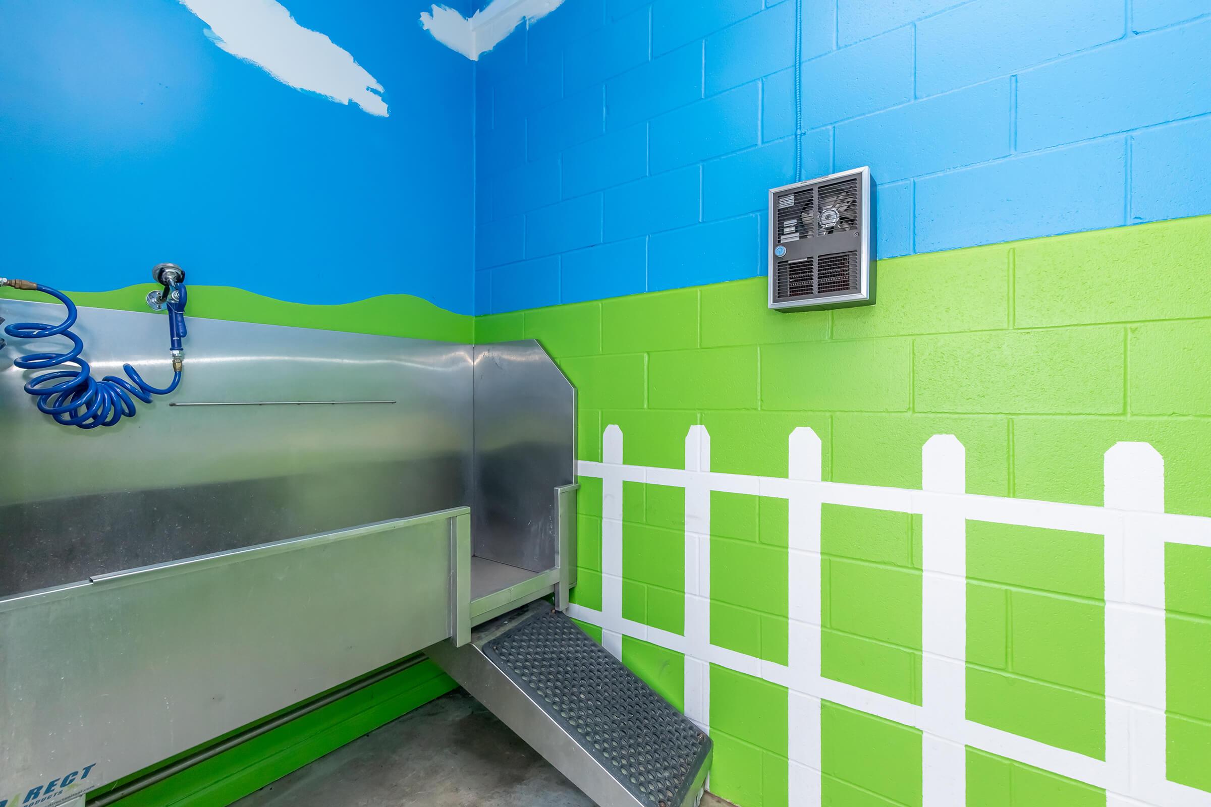 A brightly colored pet grooming station featuring a stainless steel wash tub against a blue wall with clouds and green grass. There's a white picket fence design painted on the lower wall and a hose and drying unit mounted nearby. The space is clean and inviting for pet bathing.