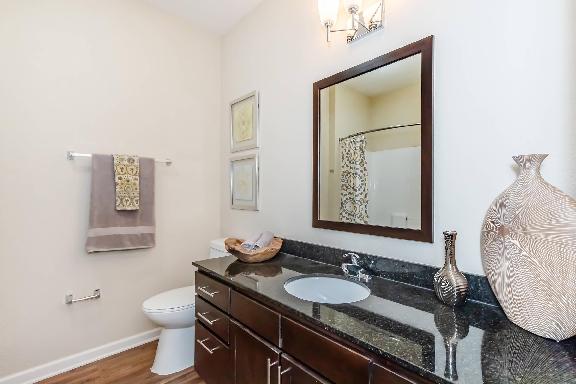 A modern bathroom featuring a dark granite countertop with a sink, a framed mirror above it, a decorative vase, and a bowl with towels. The walls are painted a light color, and there's a shower curtain with a patterned design. A towel is hung on a rack nearby, and the floor is wooden.
