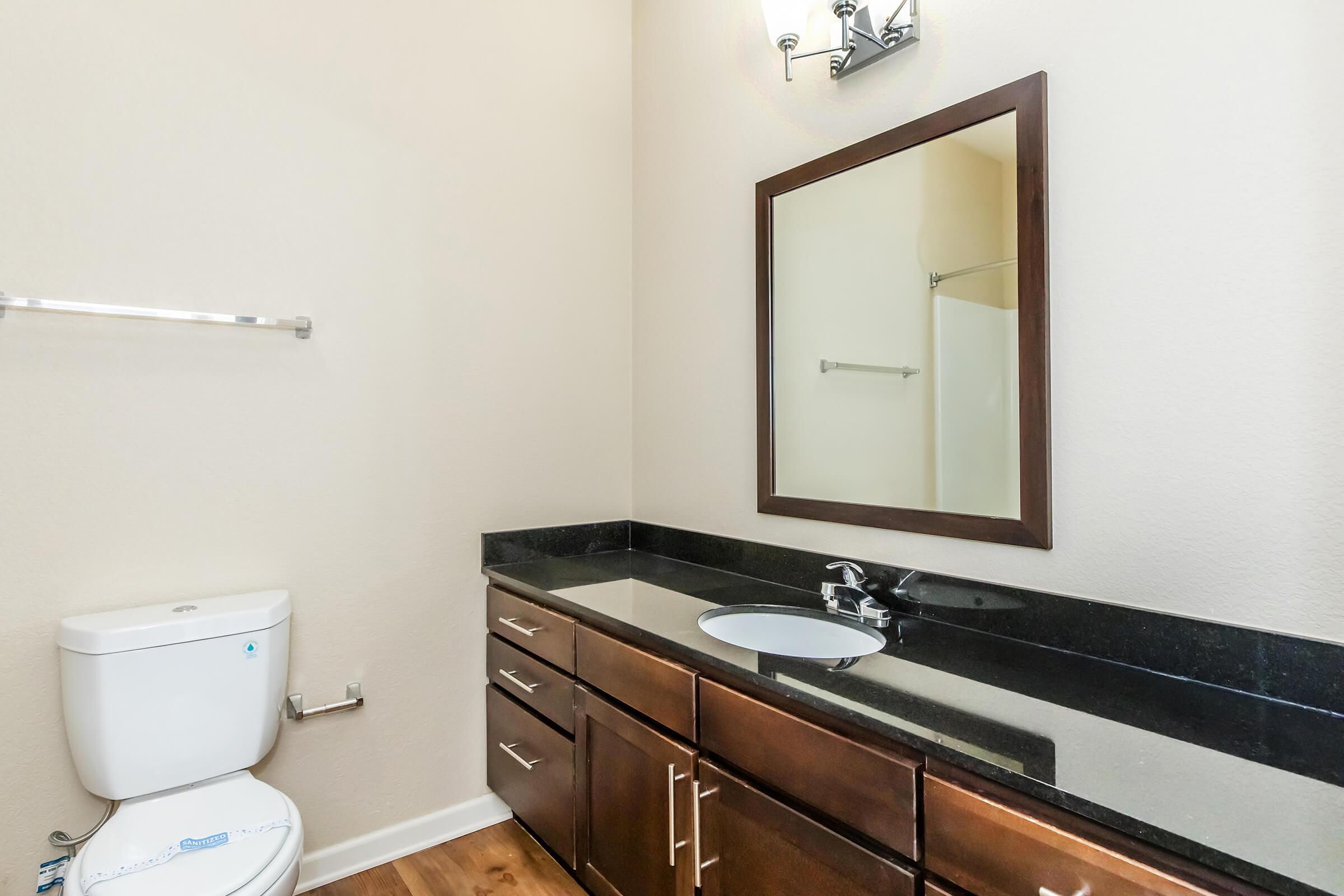 A well-lit bathroom featuring a modern design with a dark wood vanity, a round sink, and a large mirror above. The toilet is positioned to the left, and a towel bar is mounted on the wall. Neutral-colored walls and wood-like flooring complete the clean and sleek look.