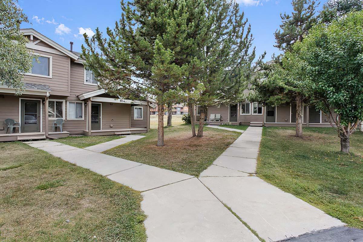 A landscaped area featuring two small buildings with brown exteriors, arranged around grassy pathways. Tall pine trees provide shade, and the scene is set under a blue sky. The walkways lead through the greenery, creating a welcoming outdoor environment.