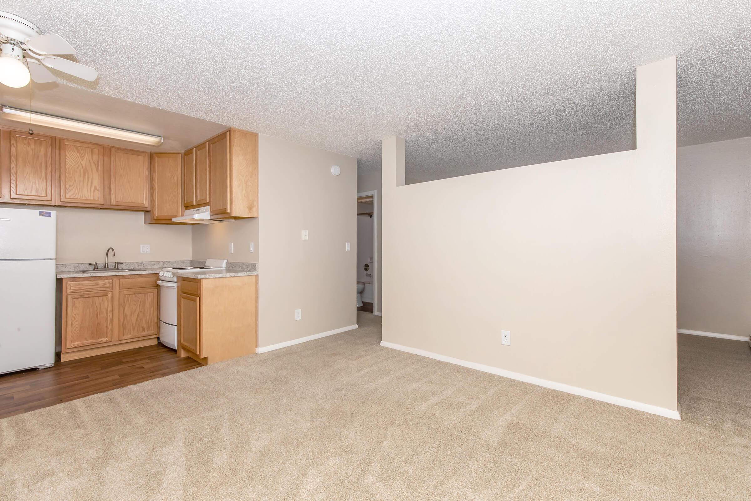 View of an apartment interior featuring a kitchen with wooden cabinets and white appliances, including a refrigerator and stove. The living area has carpeted flooring, textured ceiling, and a neutral-colored wall. An open space leads to a doorway, suggesting a bathroom or bedroom.