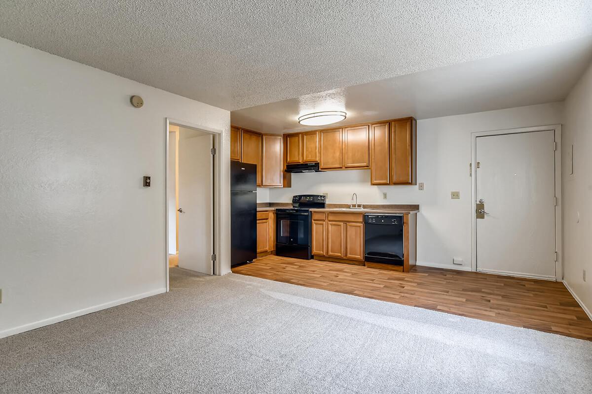 a kitchen with a wood floor