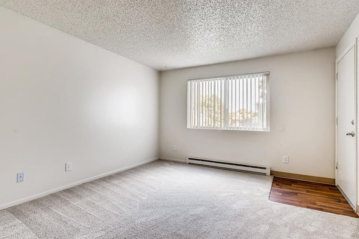 A vacant, well-lit room with beige carpet and white walls. The room features a large window with vertical blinds, allowing natural light to enter, and a wooden floor section at the corner. Electrical outlets are visible on the walls, and the door to the outside is on the right side.