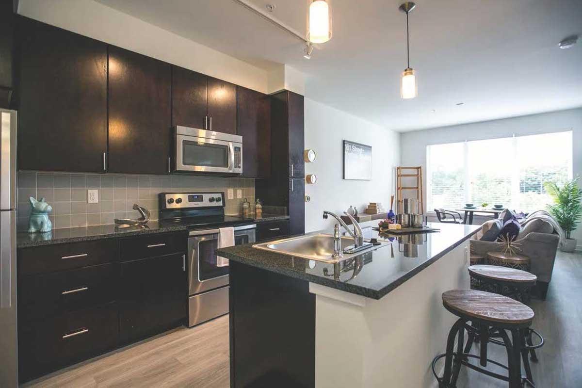 Modern kitchen featuring dark cabinetry, stainless steel appliances, and a spacious black granite countertop. The open layout includes a dining area with a decorative table and seating, complemented by large windows allowing natural light to brighten the room.