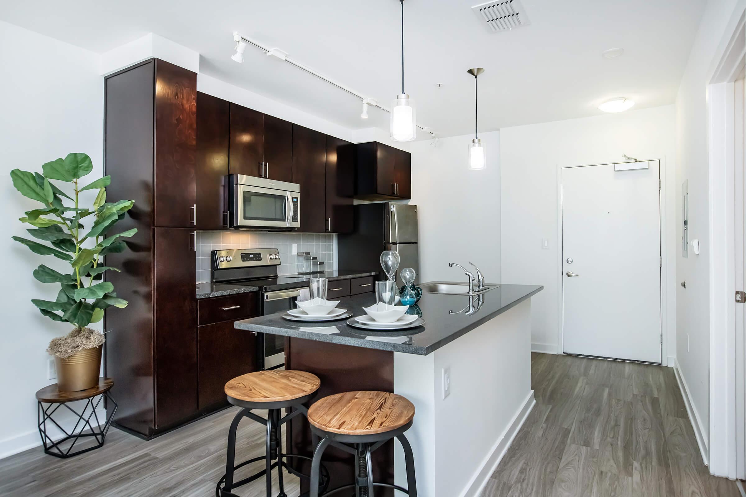 A modern kitchen with dark wood cabinetry, stainless steel appliances, and a gray countertop. Two wooden bar stools are positioned at a small island with white plates and glassware. A decorative plant in a pot adds a touch of greenery, and a front door is visible in the background. The space is well-lit and stylish.