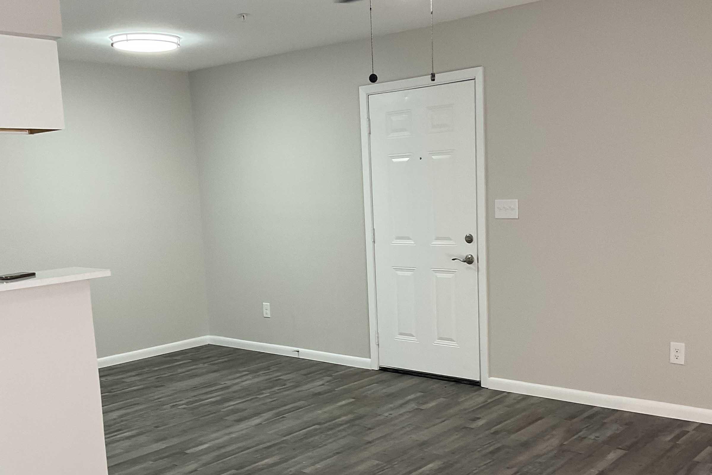 Interior view of a room featuring light grey walls, a laminate wood floor, and a white door with a silver doorknob. A ceiling light is visible, and the room appears empty, suggesting a modern and minimalistic design. There are no furniture or decorations present.