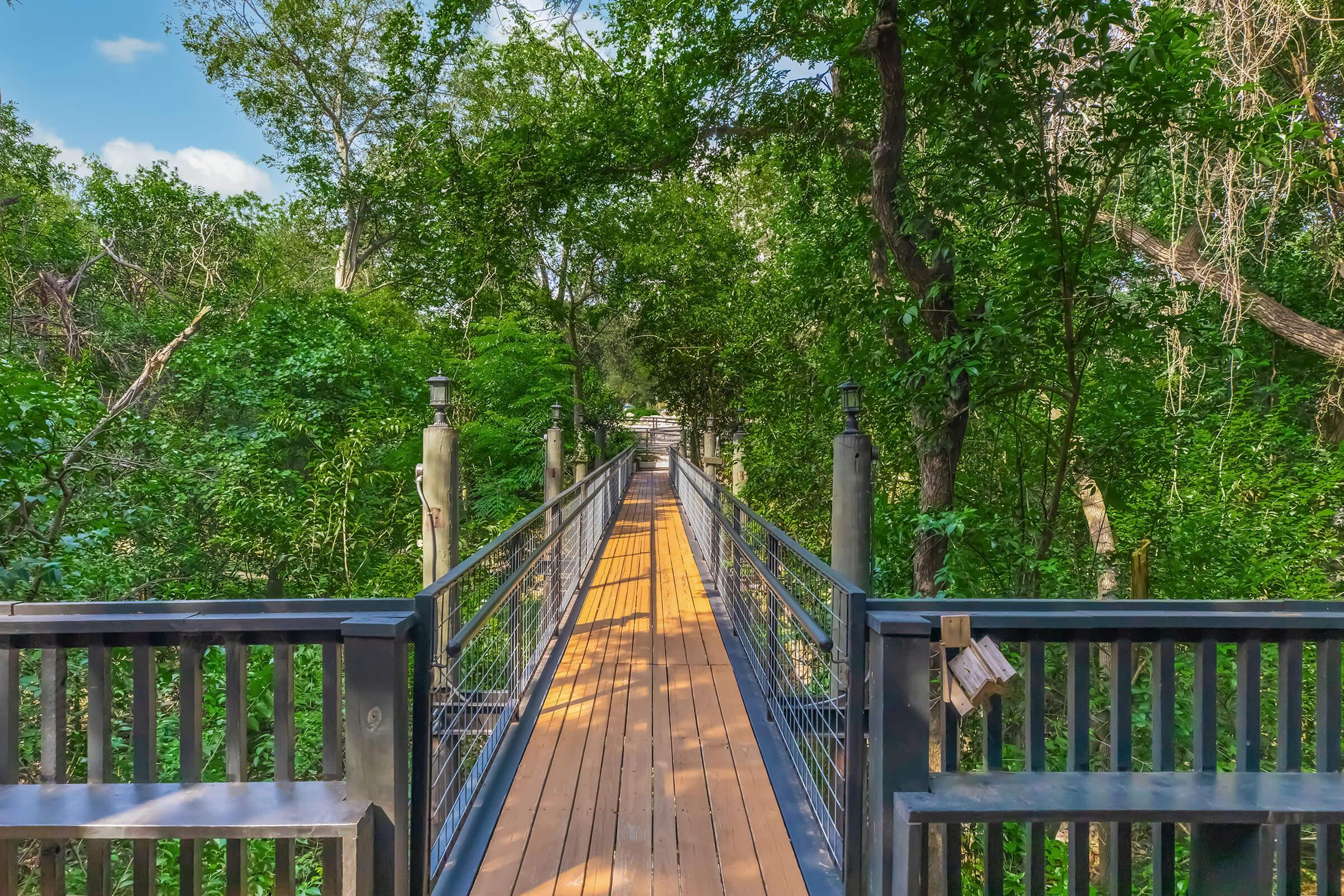 A wooden walkway surrounded by lush green trees and foliage, leading into a tranquil forested area. The path is flanked by metal railings and several lamps are placed along the sides, creating a serene atmosphere under a clear blue sky.