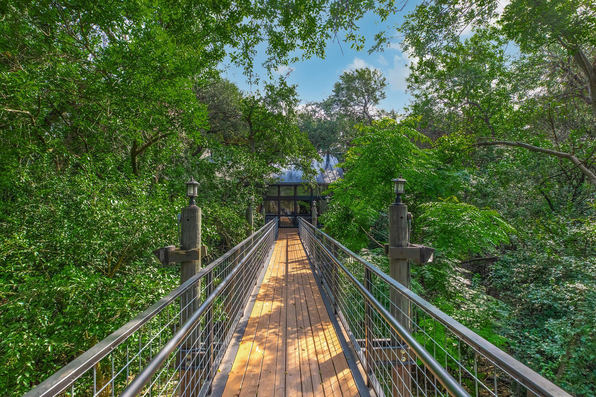 A wooden walkway leads through lush greenery towards a modern building partially visible in the background. The bridge features metal railings and is flanked by trees, creating a serene, nature-filled atmosphere. The sky is bright with hints of blue peeking through the foliage.