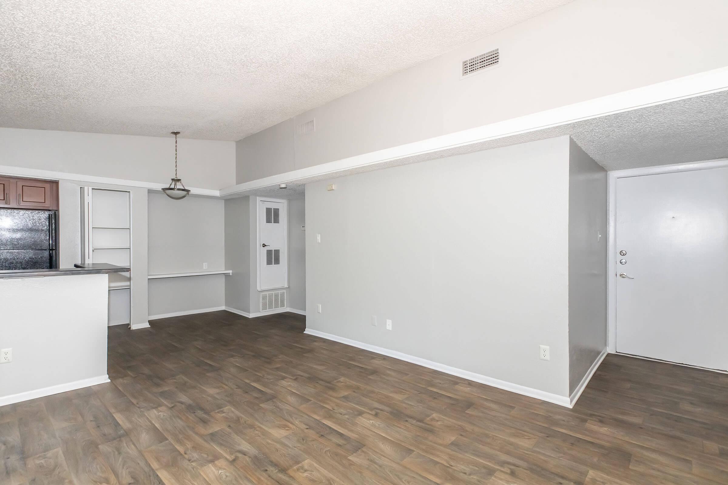 Spacious living area with light gray walls and wood-like flooring, featuring a ceiling light fixture. On the left, there is a counter leading to a kitchen area with dark cabinets, and a doorway is visible to the right, leading outside.