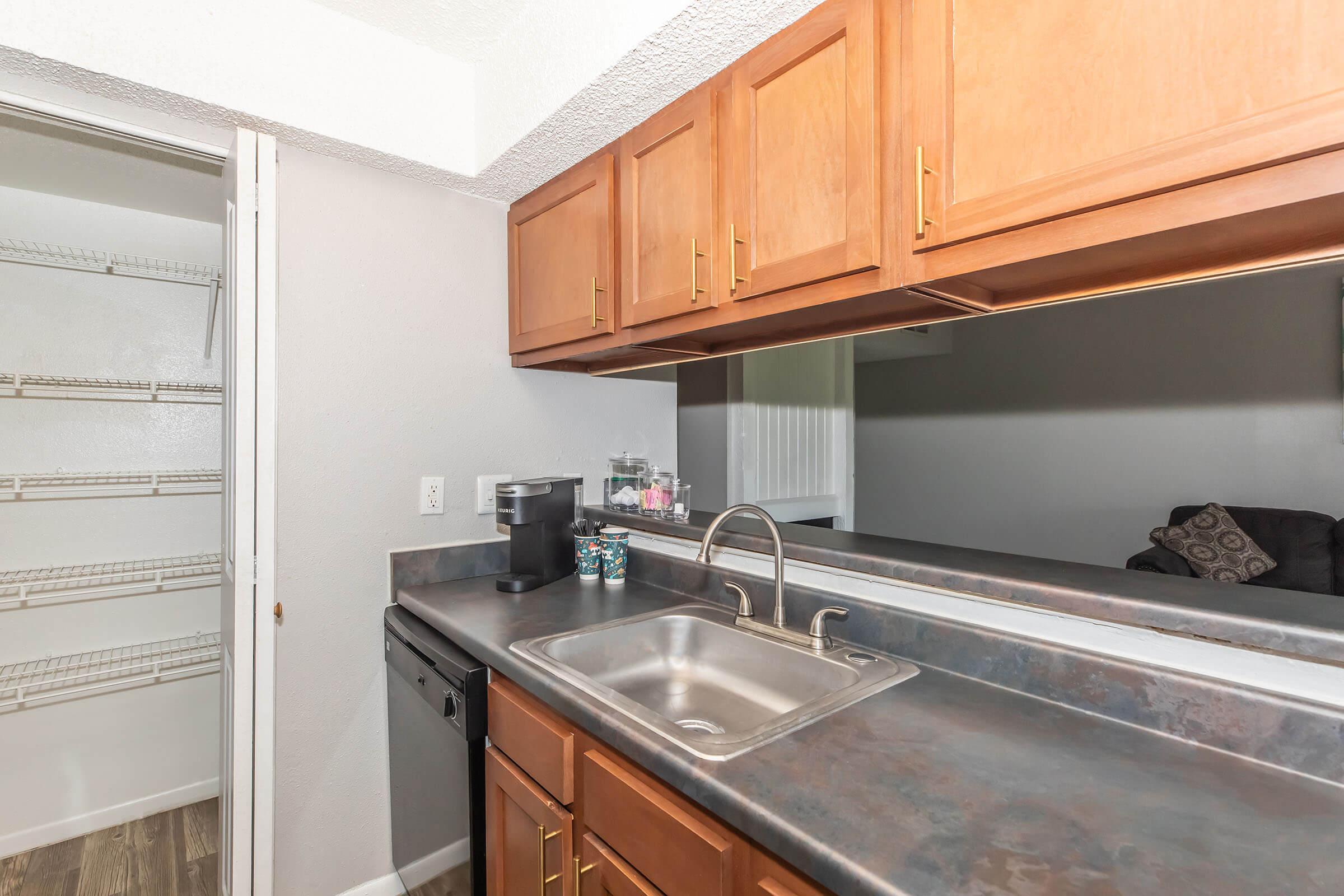A kitchen area featuring wooden cabinets above a countertop with a stainless steel sink, a coffee maker, and a black dishwasher. An open pantry with shelves is visible on the left, and a living area with a couch can be seen in the background through a pass-through opening.
