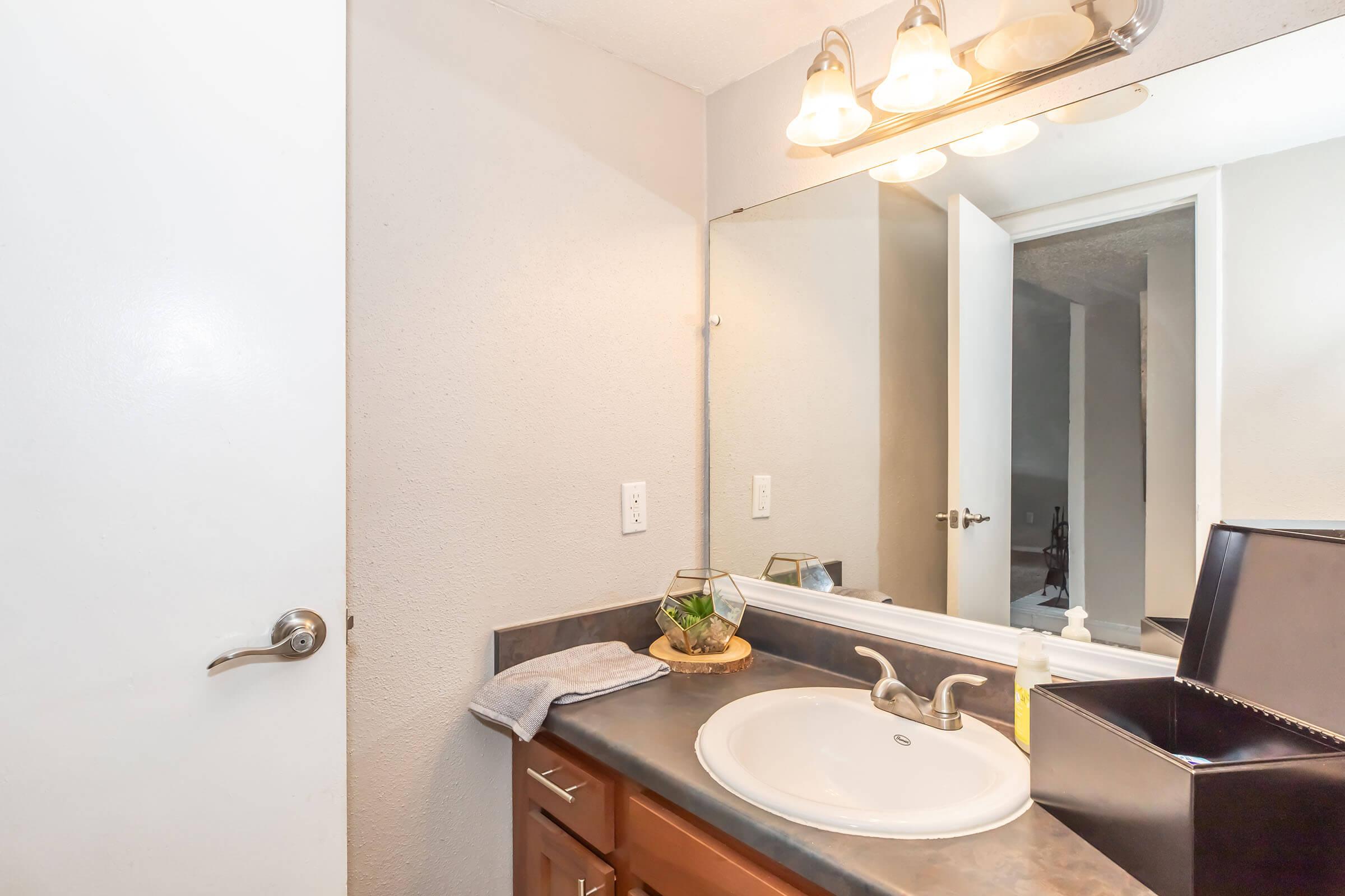 A clean, modern bathroom featuring a vanity with a round sink, a mirror above it, and warm lighting. A potted plant is on the counter, and a gray towel hangs nearby. The door is slightly ajar, revealing a glimpse of another room. The overall color scheme is light and neutral.