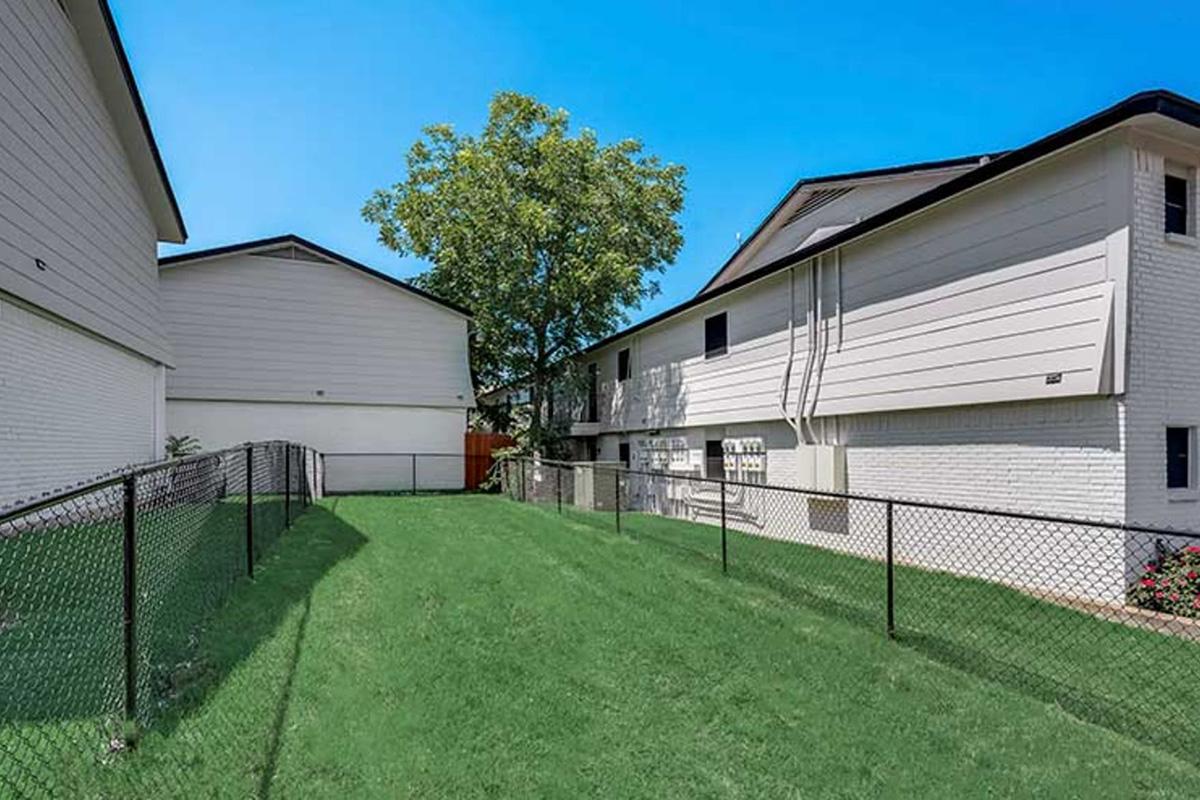 A view of a backyard area featuring a green lawn bordered by a black chain-link fence. Two residential buildings are visible on either side, with clear skies above and a tree providing shade in the background. The area appears well-maintained and spacious.