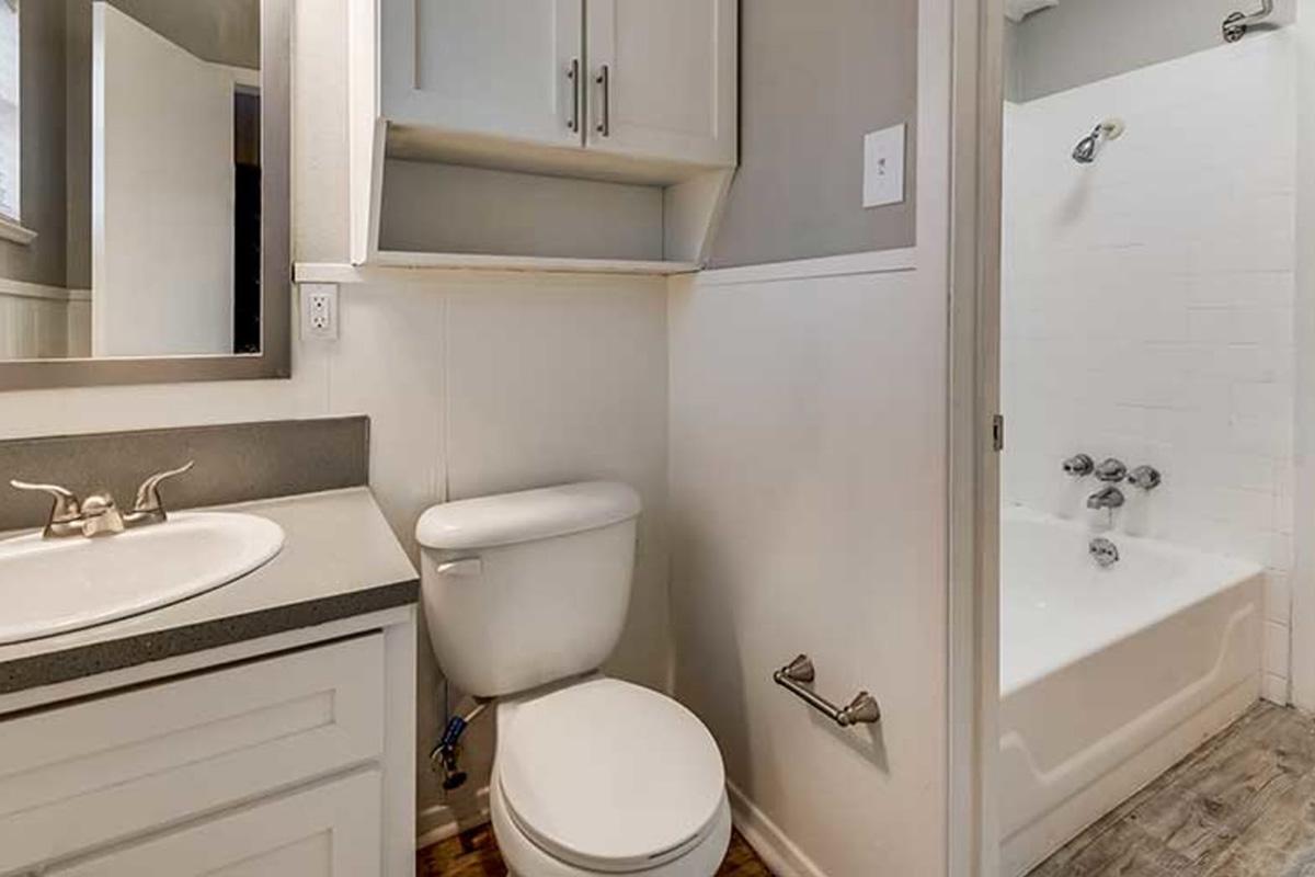 A compact bathroom featuring a white toilet, a sink with a mirror above, and a bathtub with a shower attachment. The walls are painted in light gray, and the flooring is wood-like. Cabinets are installed above the toilet and sink for storage.