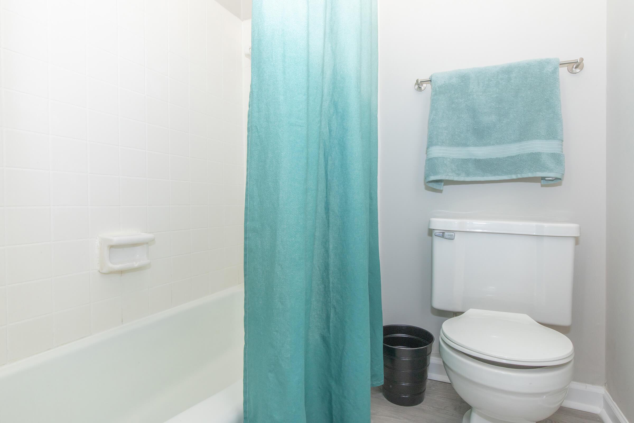 Bathroom in the 2 Bed 1.5 Bath at the Elements44 Townhomes shows the shower and bathtub next to the toilet