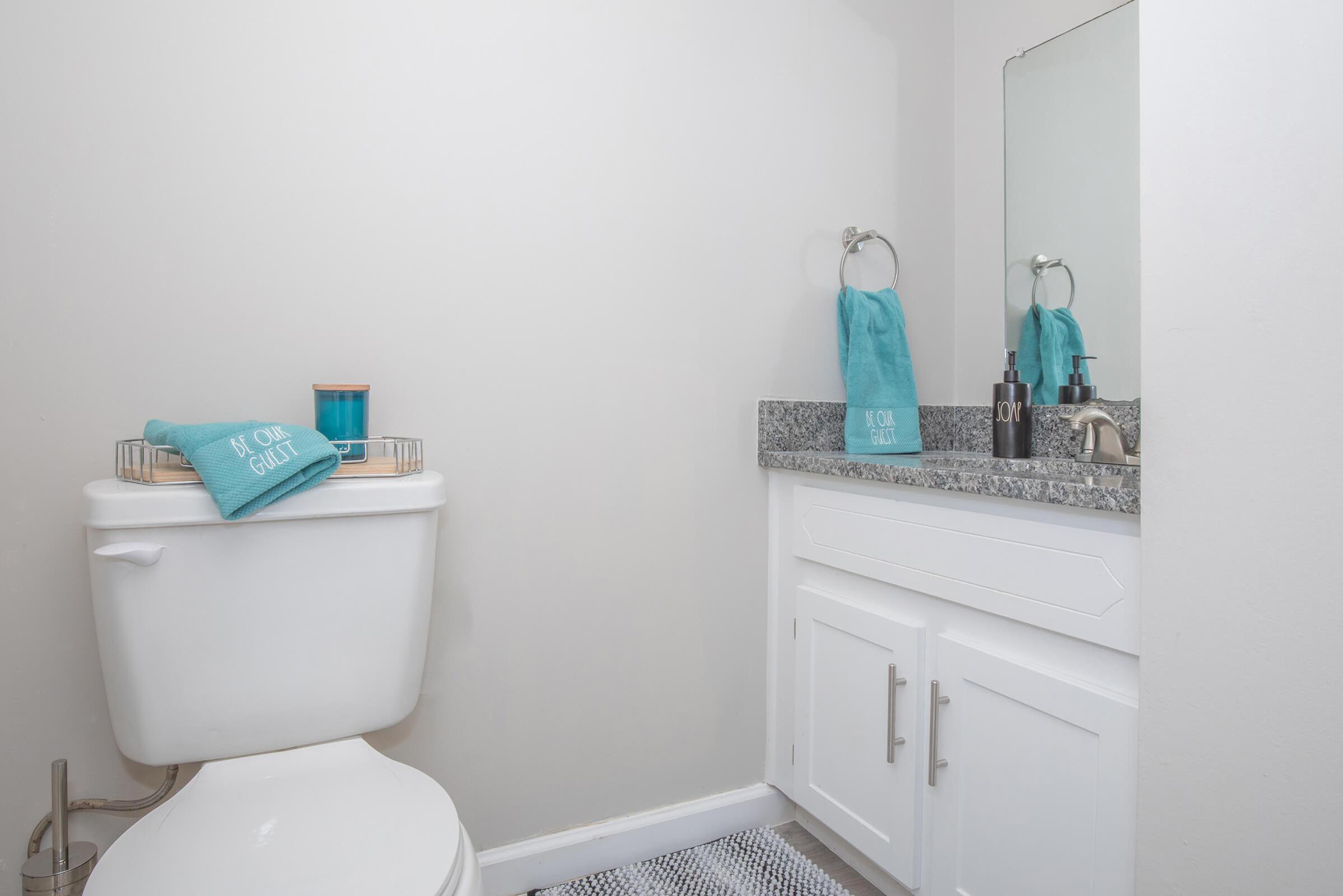 Bathroom of the Elements44 Townhomes 1.5 Bathroom, toilet next to the sink and mirror