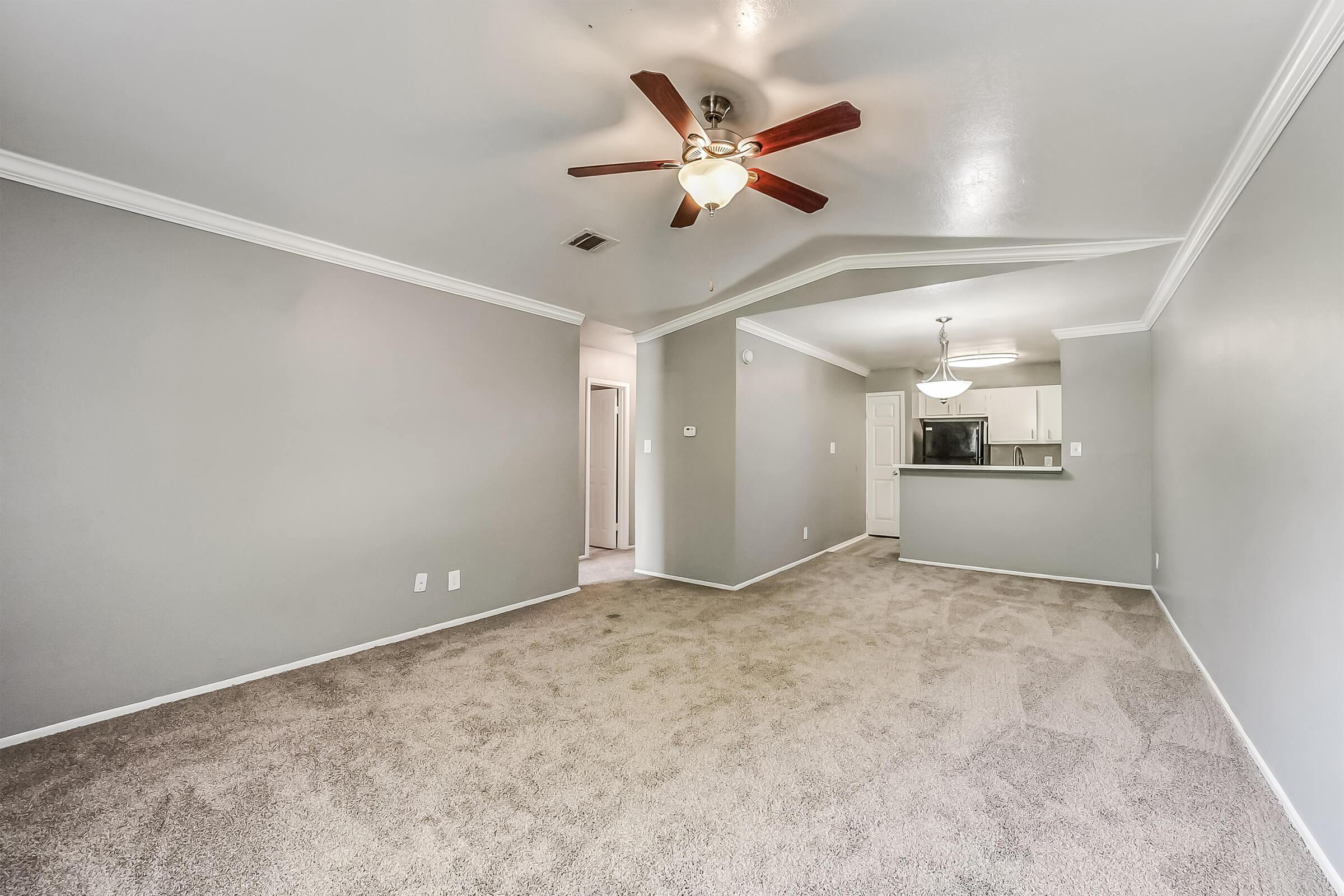Spacious living room with light gray walls and plush carpet, featuring a ceiling fan with light fixture. An open layout leads to a kitchen area visible in the background, with a door to the side. Natural light streams in, enhancing the inviting atmosphere.