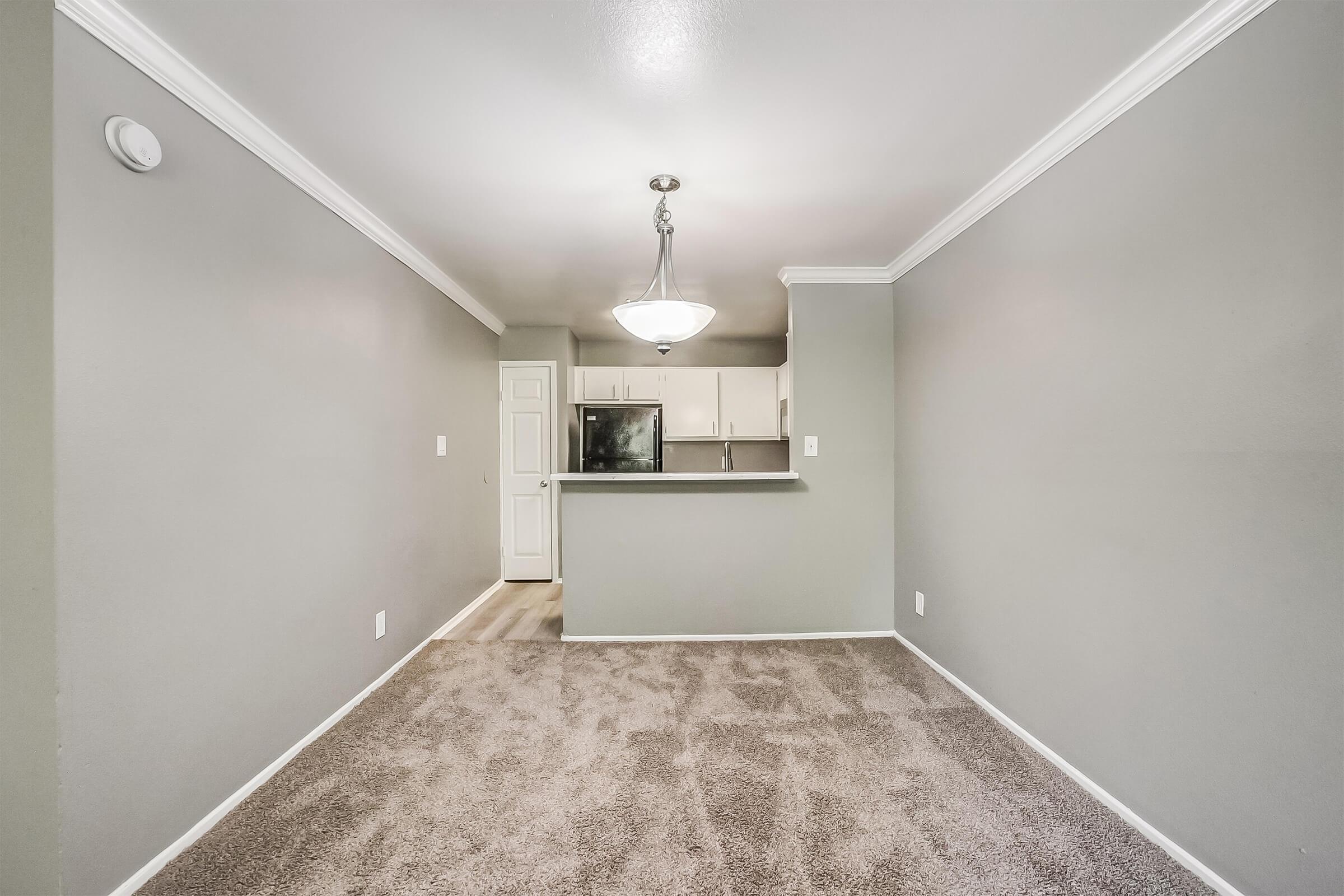 Interior of a modern, unfurnished living space featuring a light gray color scheme, plush carpeting, and a decorative chandelier. The open layout includes a view into a kitchenette with dark cabinetry and stainless steel appliances, creating a spacious and inviting atmosphere.