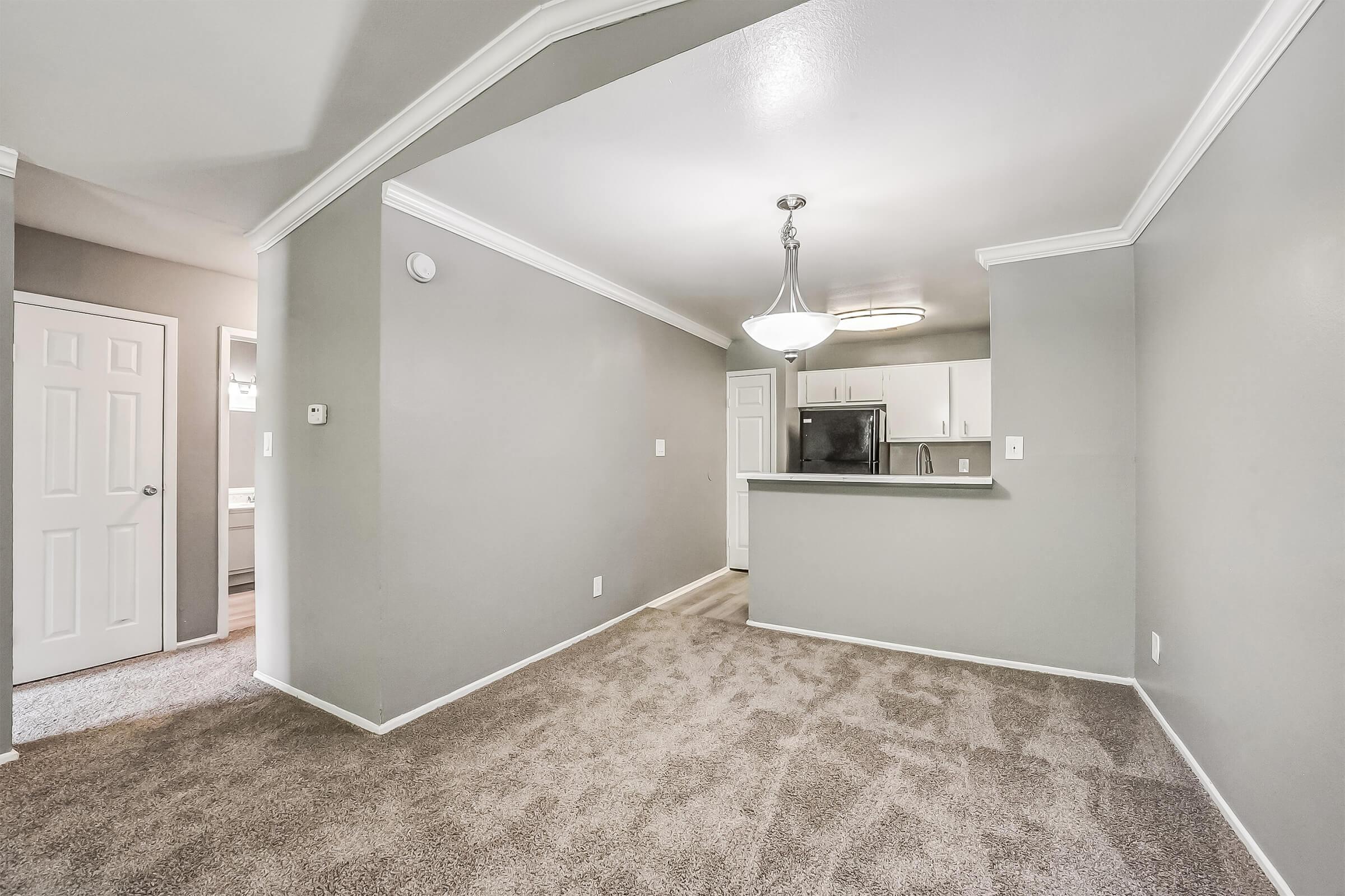 A spacious living area with carpet flooring, light gray walls, and a ceiling light fixture. To the left, there is a closed door leading to another room. In the background, an open-concept kitchen with white cabinets and appliances is visible, creating an inviting atmosphere.