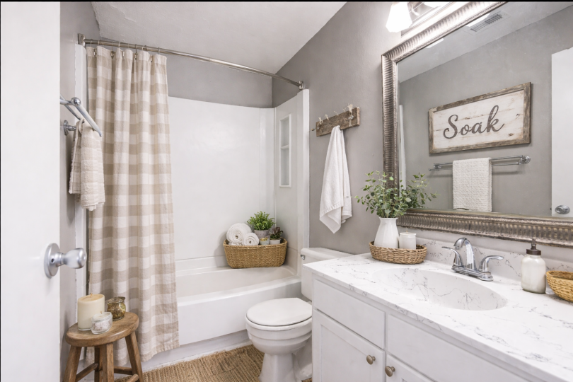 A modern bathroom featuring a white bathtub, a mirror with a decorative frame, a sink with marble countertop, and a neutral color palette. The decor includes a "Soak" sign, potted greenery, towels, and baskets for storage, creating a serene and inviting atmosphere.