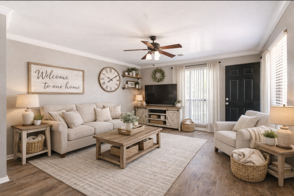 Cozy living room featuring a light-colored sofa with decorative pillows, a wooden coffee table, and a textured area rug. There are wicker baskets, two lamps, a large wall clock, and a TV on a wooden console. Natural light streams in through a door with blinds, complemented by a welcoming sign on the wall.