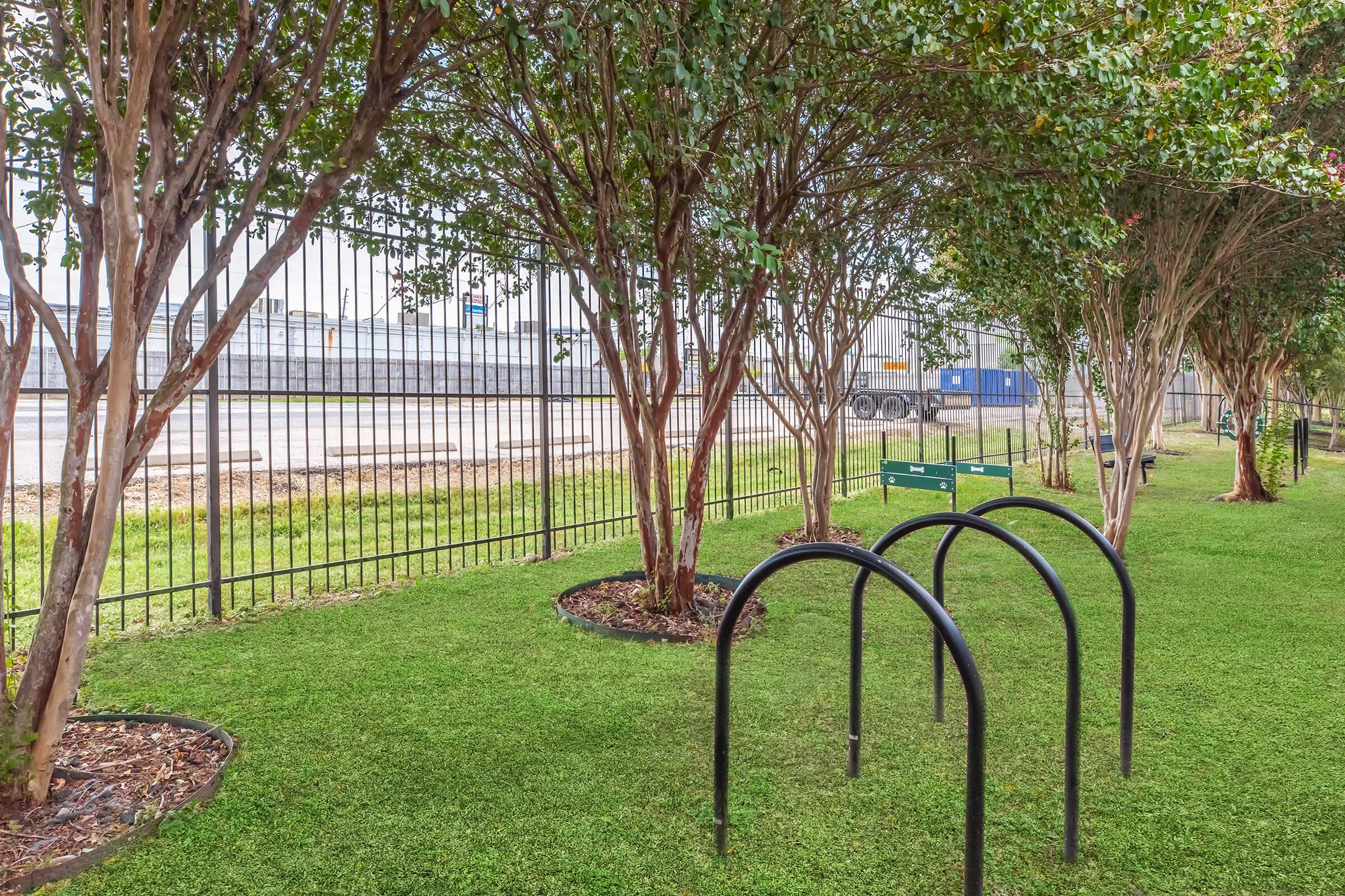A manicured green lawn with small trees lined along a metal fence. In the foreground, there are bicycle racks shaped like semi-circles. In the background, a glimpse of a truck and a road is visible through the fence. The scene is peaceful, suggesting an urban park or recreational area.