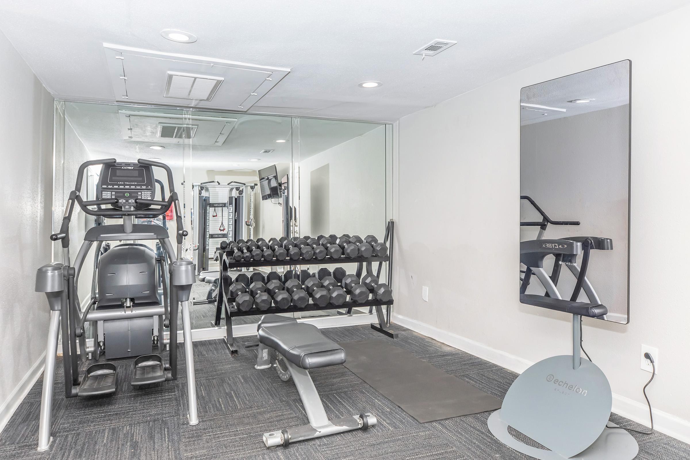 A well-equipped home gym featuring a treadmill, a set of dumbbells on a rack, a weight bench, and a large wall mirror, all set against a neutral-colored wall and carpeted floor. Bright lighting enhances the space, making it inviting for workouts.