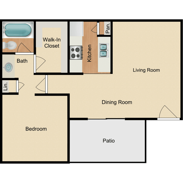1 Bed 1 Bath, a 1 bedroom 1 bathroom floor plan.