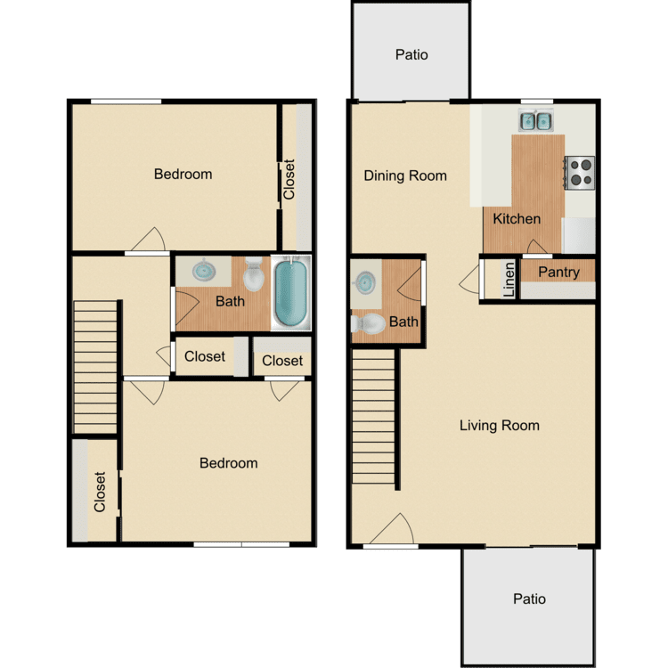 2 Bed 1.5 Bath Townhome, a 2 bedroom 1.5 bathroom floor plan.