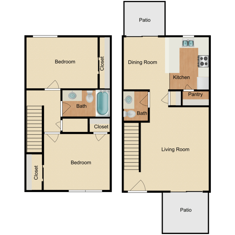Floor plan image of 2 Bed 1.5 Bath Townhome