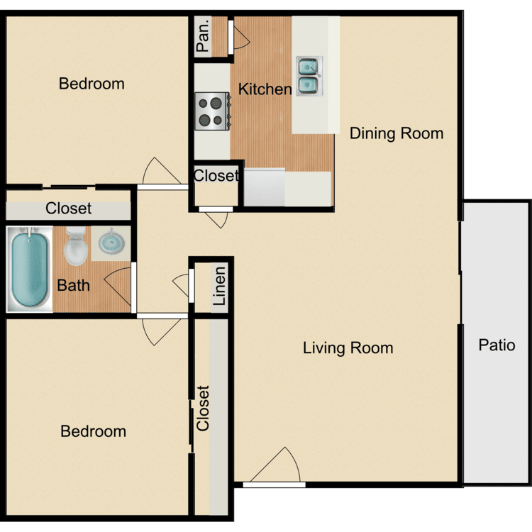 2 Bed 1 Bath, a 2 bedroom 1 bathroom floor plan.