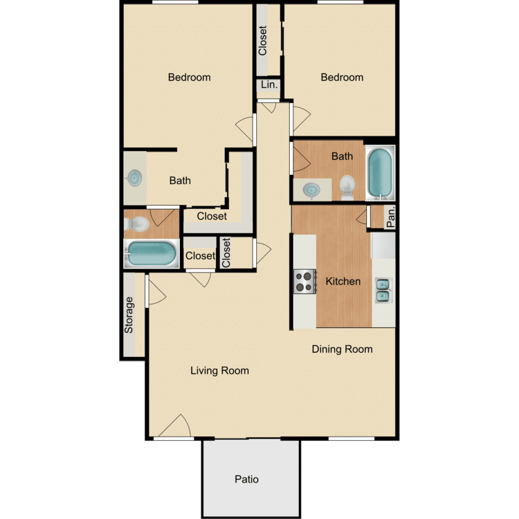 2 Bed 2 Bath, a 2 bedroom 2 bathroom floor plan.