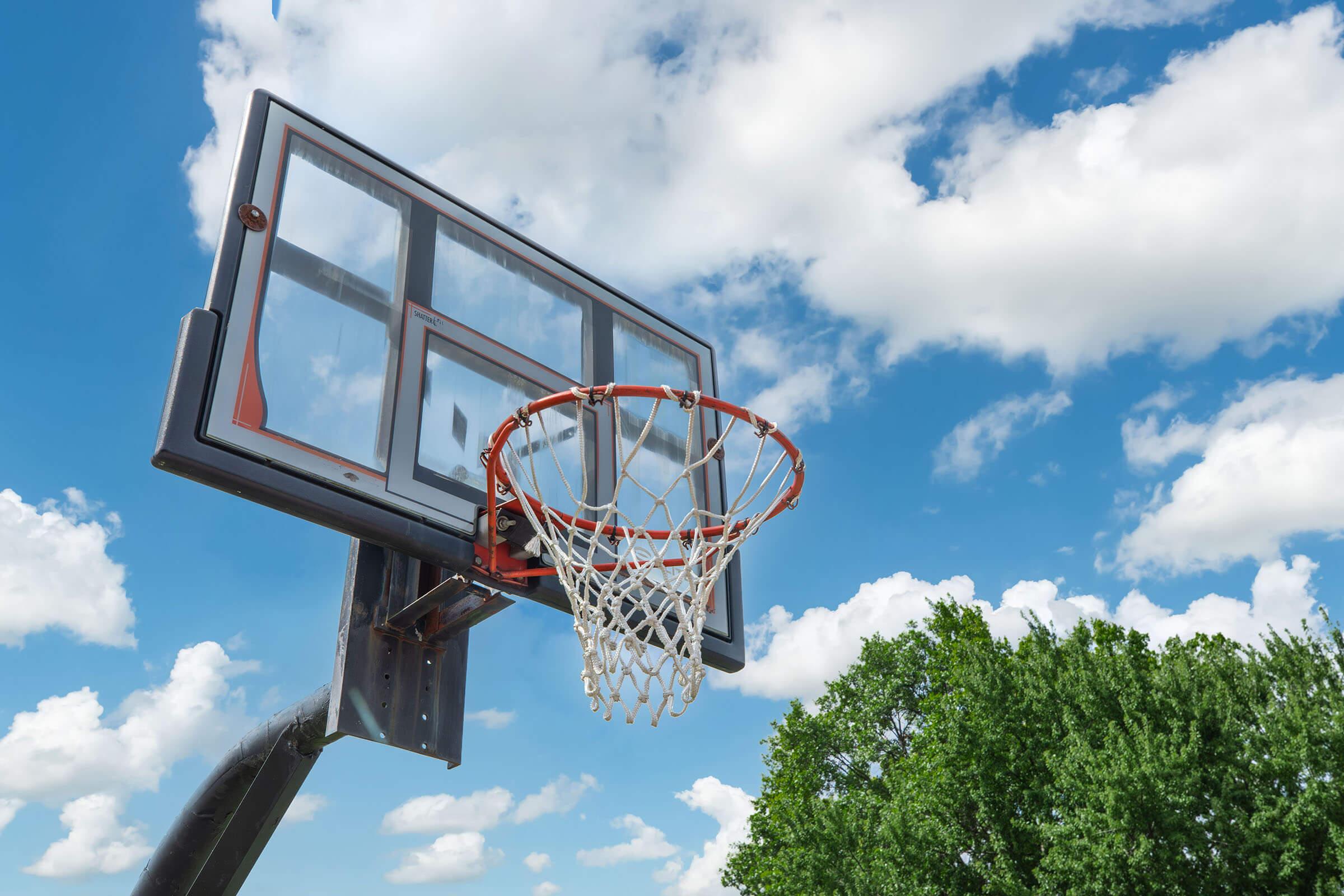 Outdoor basketball court with hoop under blue sky at Homewood Manor Apartments in Moline, IL