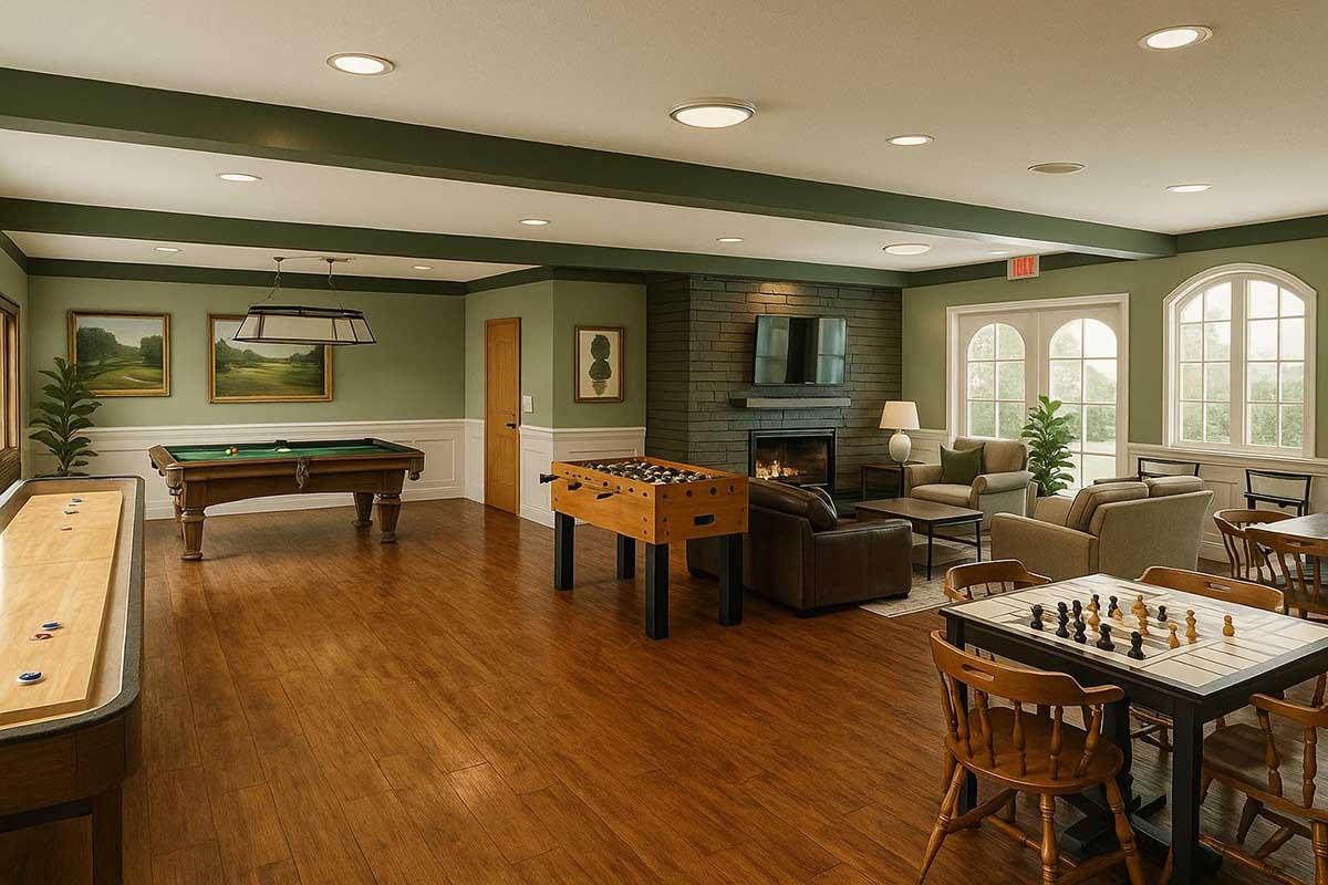A cozy game room featuring a pool table, foosball table, and a chess table. Comfortable seating includes a sofa and armchairs near a fireplace, with large windows allowing natural light. The walls are adorned with landscape artwork, and potted plants add a touch of greenery.