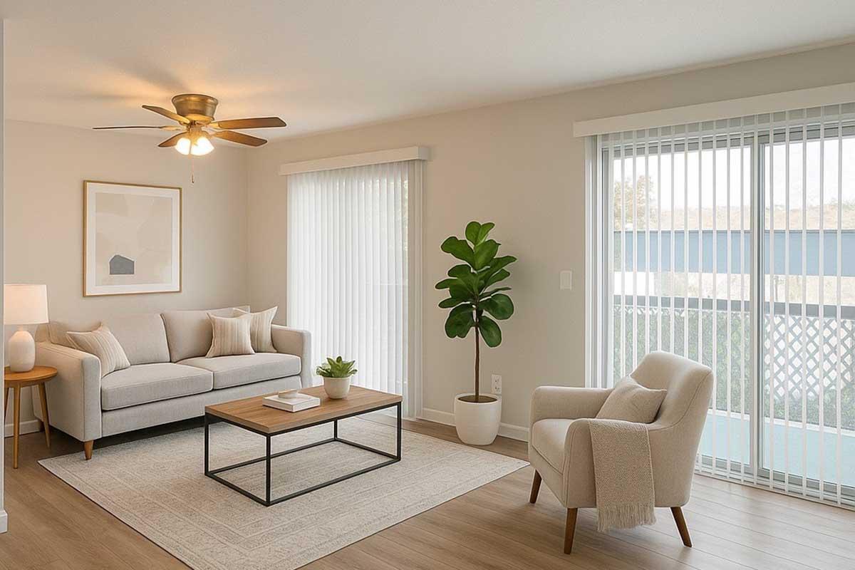 A cozy living room featuring a light-colored sofa with decorative pillows, a wooden coffee table, and a potted plant. A beige armchair is placed next to the sofa. The room has large windows with vertical blinds, allowing natural light to filter in, and a minimalist aesthetic with neutral tones and simple decor.