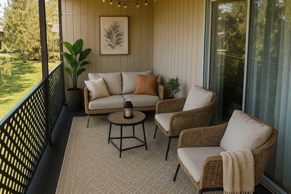 Cozy balcony featuring a comfortable sofa with an orange accent pillow, two wicker chairs, a round coffee table, and a lantern. Decorated with a plant and a large framed artwork of a palm leaf. Soft lighting from string lights enhances the inviting atmosphere, overlooking a green outdoor area.