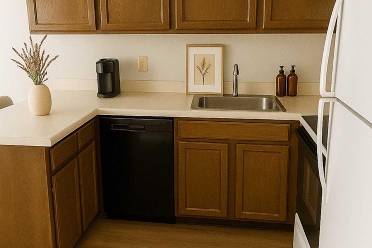 A modern kitchen featuring wooden cabinets, a white countertop, and a stainless steel sink. There's a coffee maker on the counter, a framed botanical print on the wall, and three brown bottles beside the sink. A black dishwasher is integrated into the cabinetry, and a white refrigerator is visible.