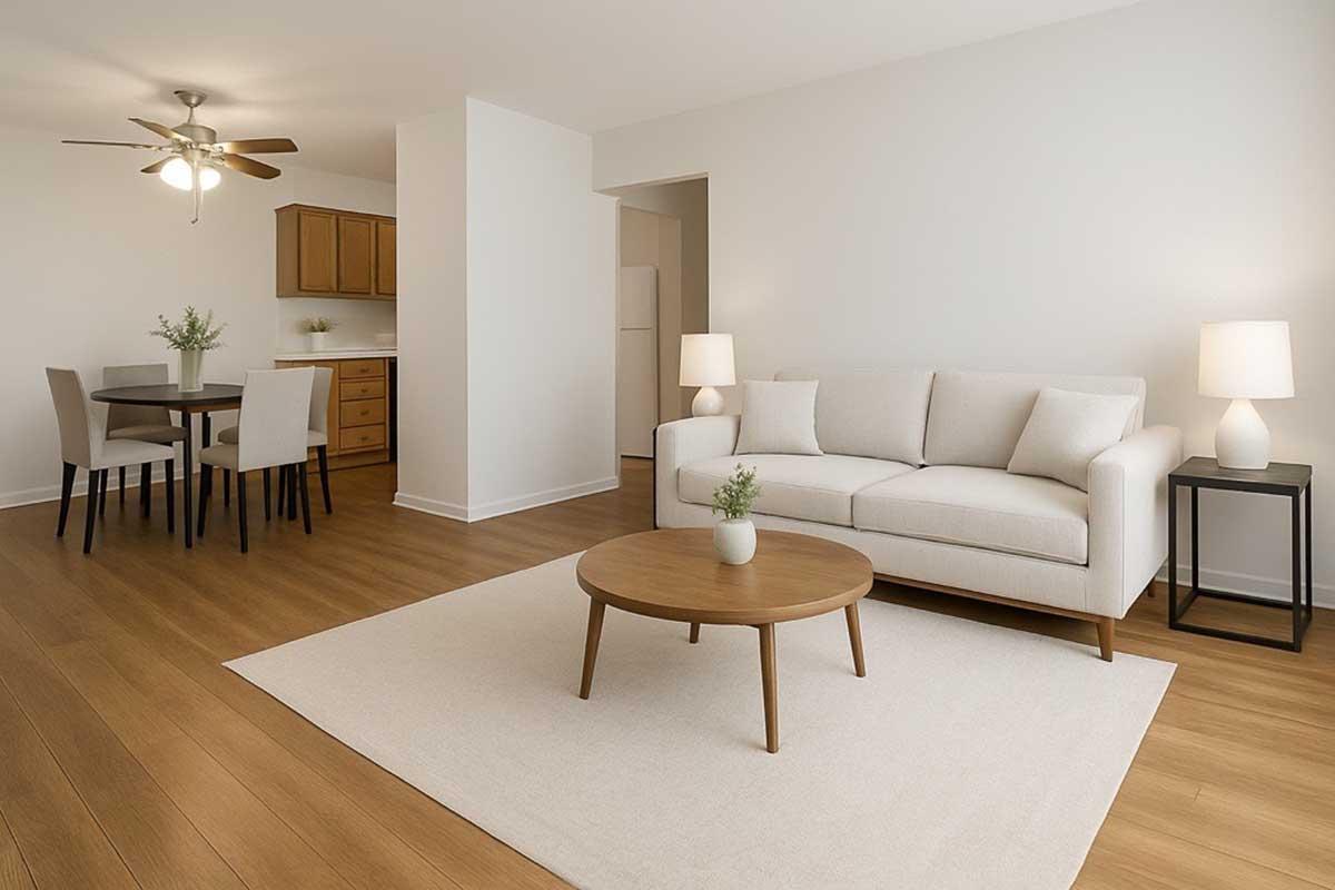 A modern living room featuring a light-colored sofa and a round wooden coffee table on a cream area rug. There is a dining area with a wooden table and chairs in the background, along with a ceiling fan and soft lighting from table lamps. The space has warm wooden floors and neutral walls, creating a cozy atmosphere.
