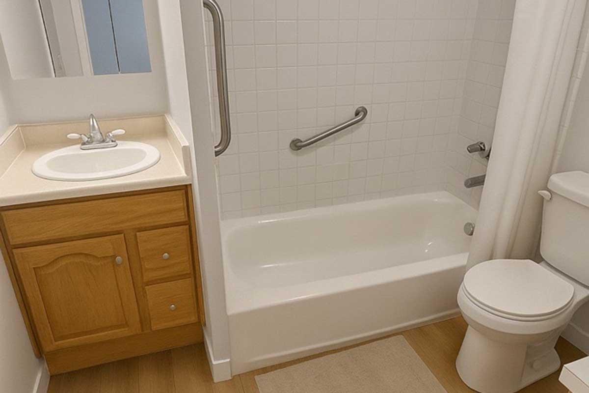 A small bathroom featuring a white bathtub with a shower curtain, a sink with a wooden cabinet underneath, a wall-mounted grab bar, and a toilet. The walls are tiled, and the floor is wooden. A mirror is positioned above the sink.
