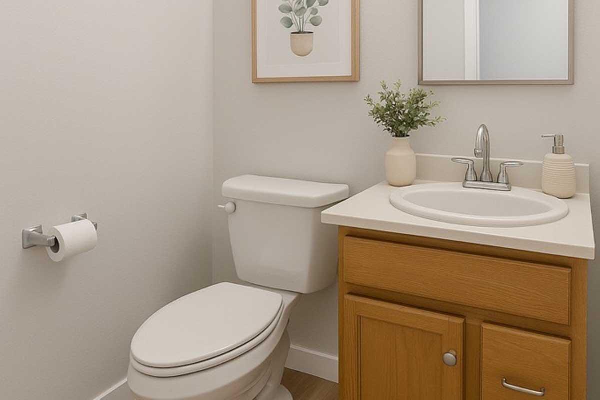 A small, modern bathroom featuring a white toilet, a sink with a wooden cabinet, and a round mirror. There’s a framed plant print on the wall, a vase with greenery on the countertop, and a roll of toilet paper on a silver holder. The color scheme is light and neutral, creating a clean and airy atmosphere.