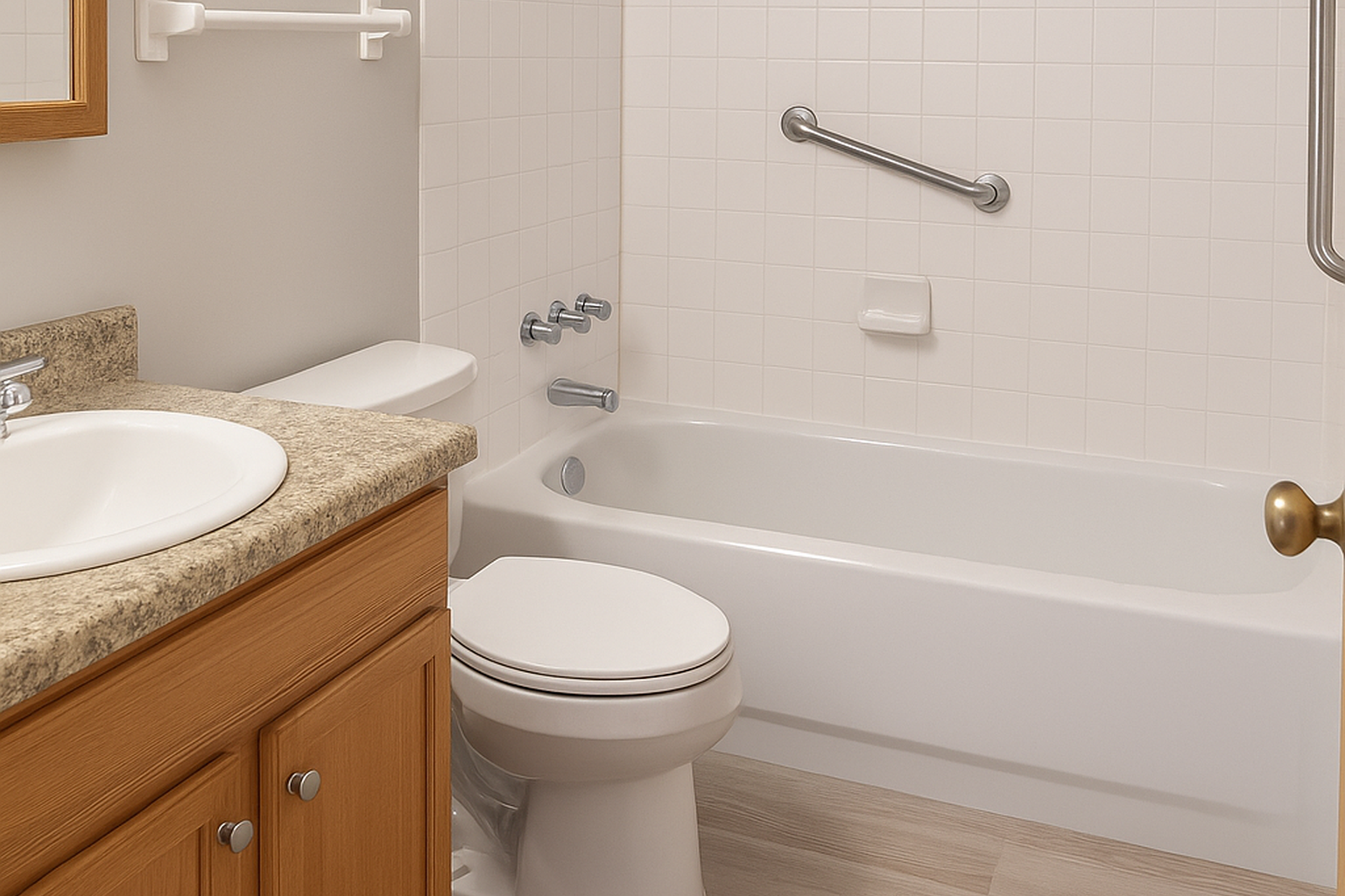 A clean, modern bathroom featuring a bathtub with a showerhead, a toilet, a sink with a wooden cabinet, and tiled walls. The space is well-lit and has a grab bar next to the bathtub for accessibility.